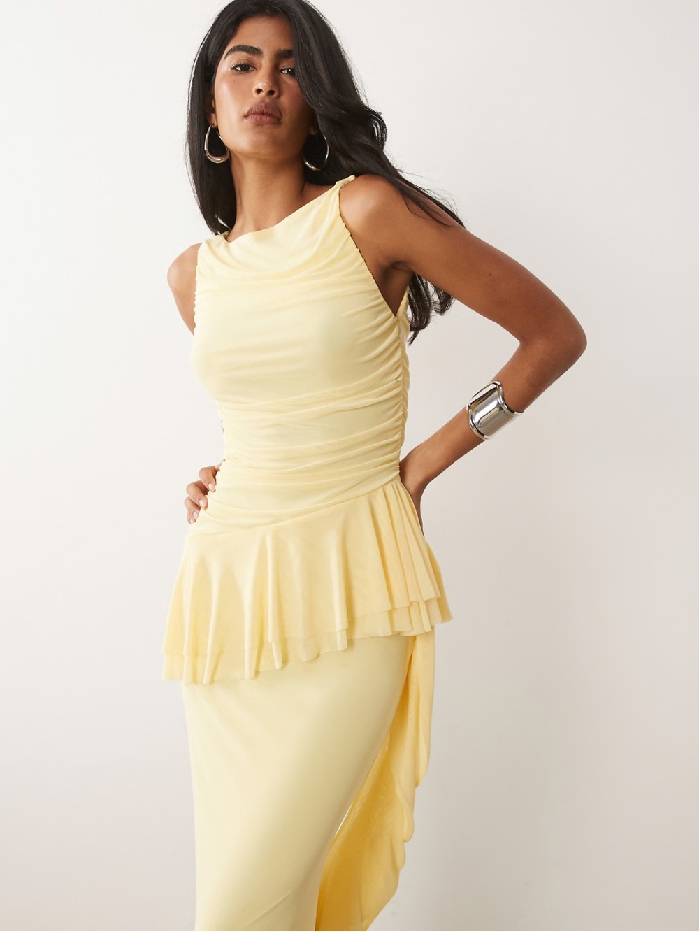 ASOS Pale Yellow One-Shoulder Ruched Peplum Dress